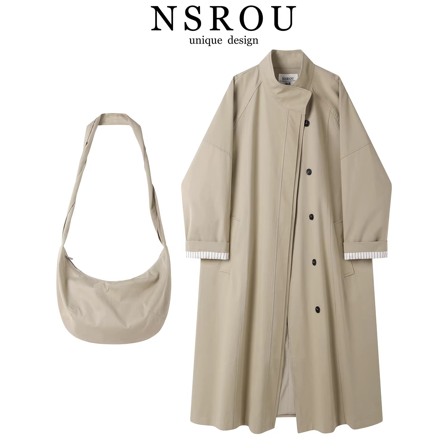 Áo khoác dài màu kaki cổ đứng phong cách giản dị kiểu Hàn Quốc dành cho nữ, đầu thu, áo khoác cao cấp, đơn giản và rộng rãi