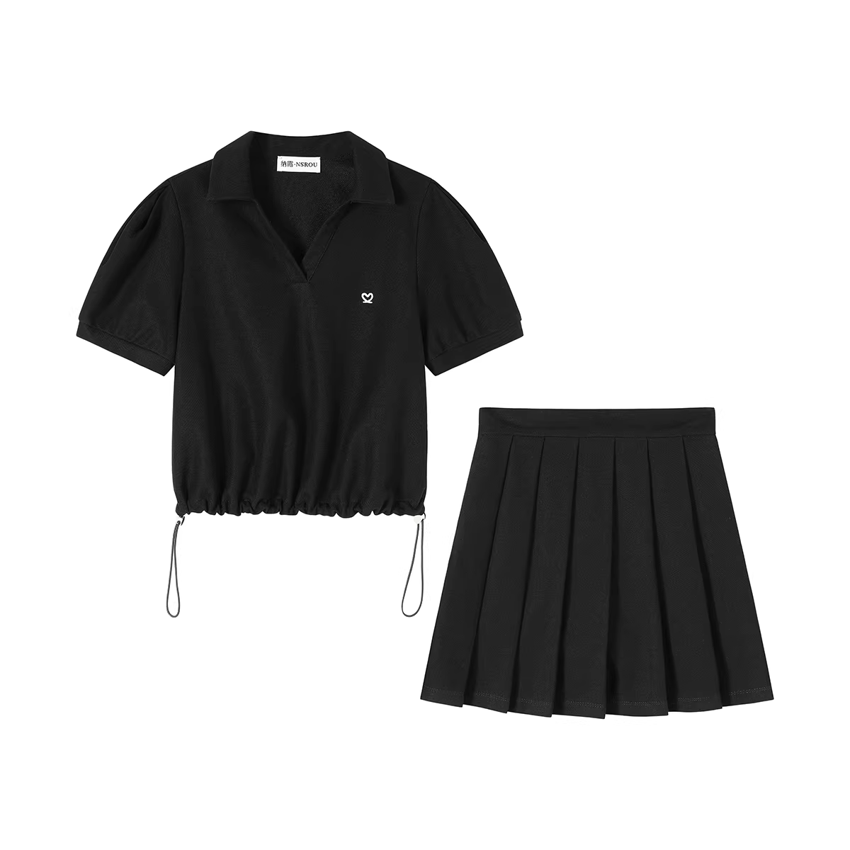 Bộ đồ nữ mùa hè kiểu Hàn Quốc, áo ngắn thêu hình trái tim dễ thương, có dây rút ở eo, chân váy xếp ly cao eo