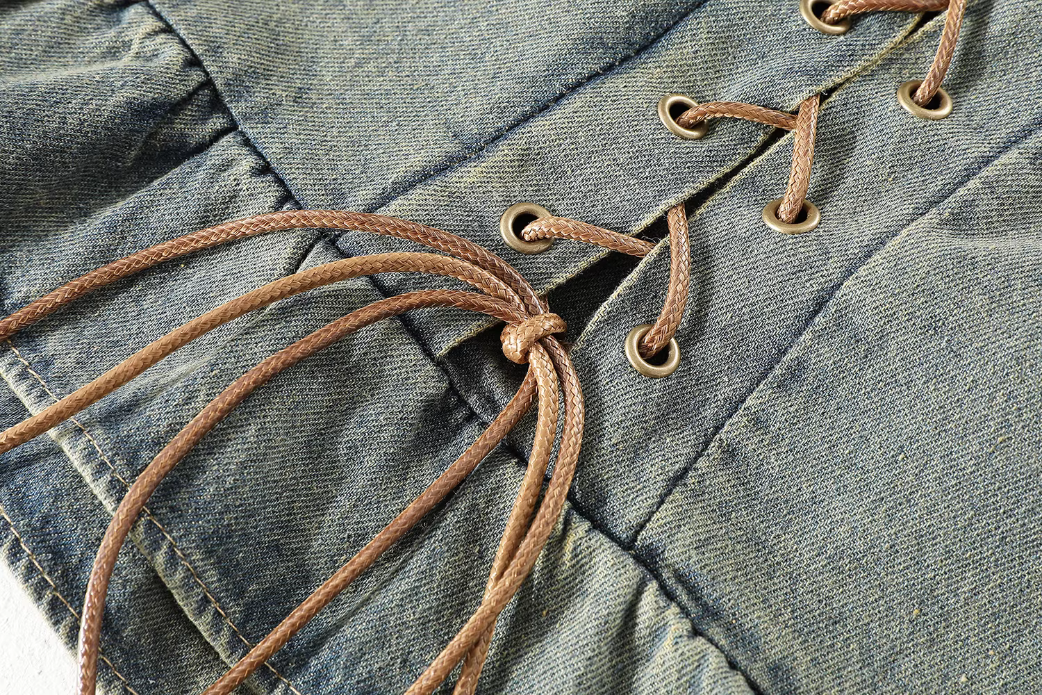 Áo thun denim tay phồng dáng ôm thanh lịch phong cách mới mùa hè dành cho nữ thiết kế cổ điển kiểu Pháp có dây buộc