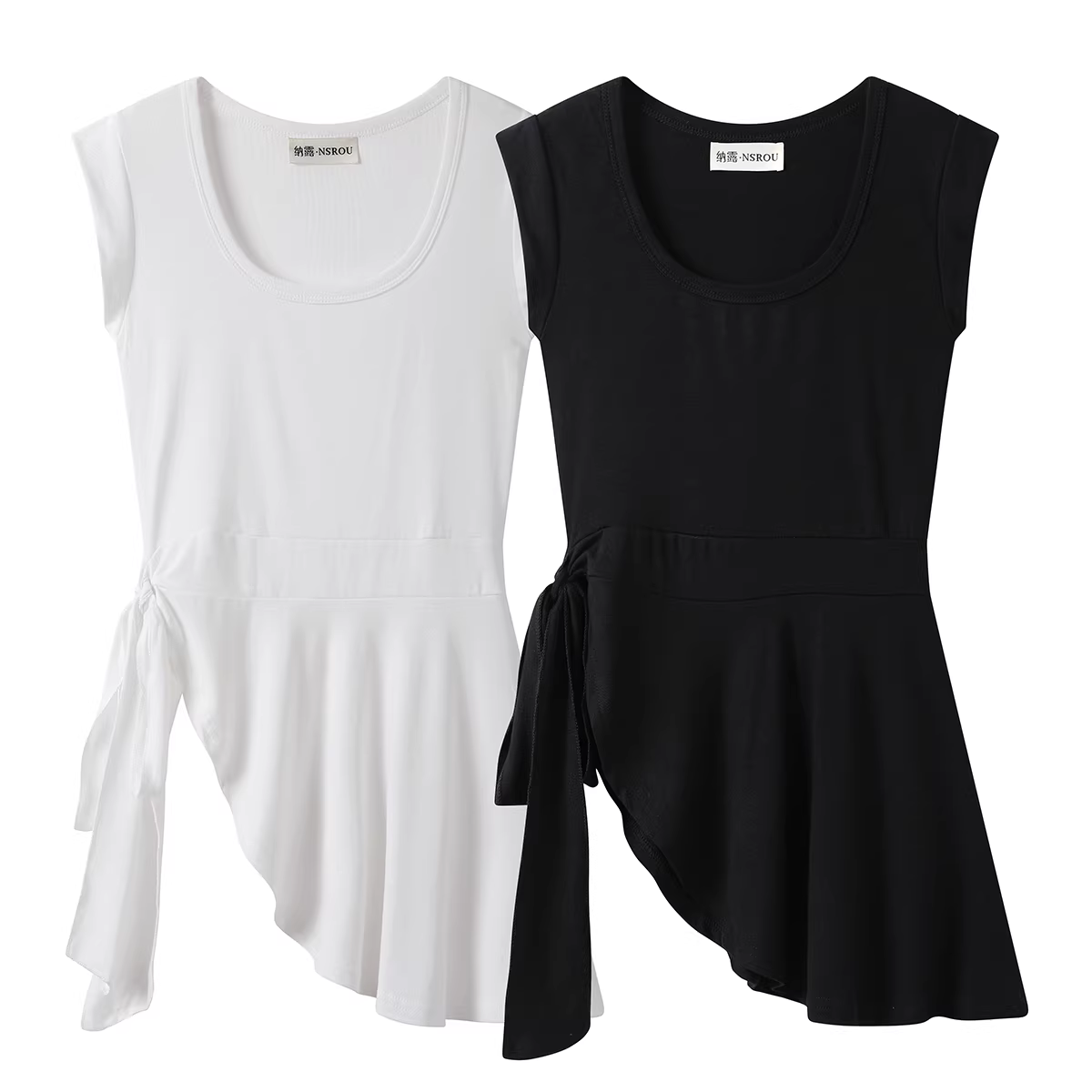 Áo thun nữ không tay, kiểu dáng ôm body, màu trơn, thiết kế bất đối xứng, đa năng, kiểu mới mùa hè, màu đen