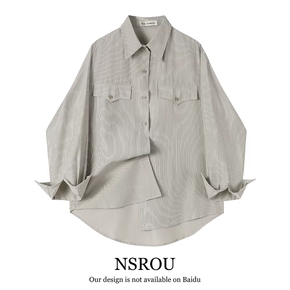 Áo sơ mi sọc dài tay phong cách retro Hồng Kông, kiểu dáng độc đáo, phong cách tiền cổ, dáng rộng, mặc thường ngày cho nữ, mùa xuân thu