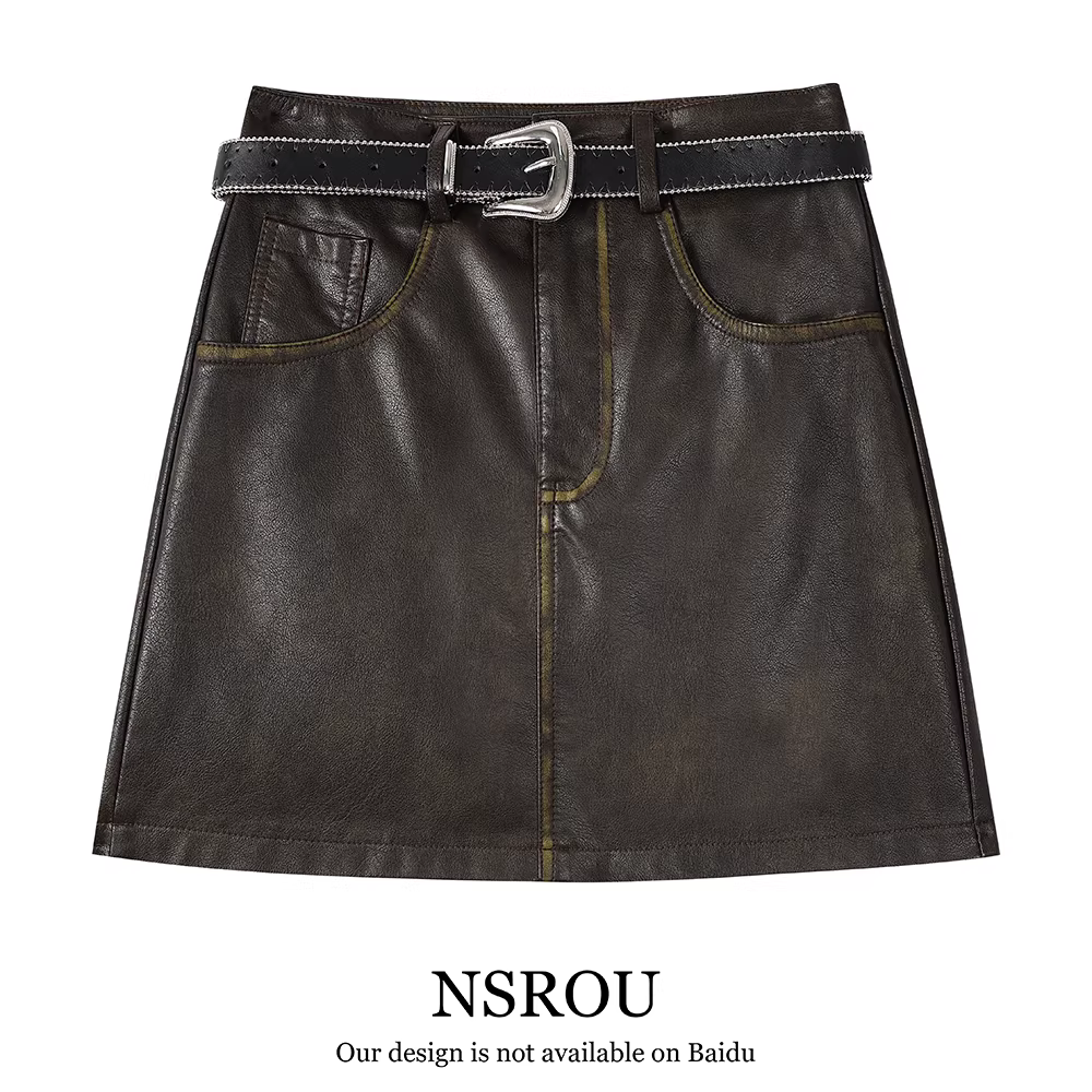 Chân váy da dáng ôm, kiểu retro, nhỏ nhắn, màu cà phê, kiểu dáng chữ A ngắn dành cho nữ, bộ sưu tập thu đông 2025.