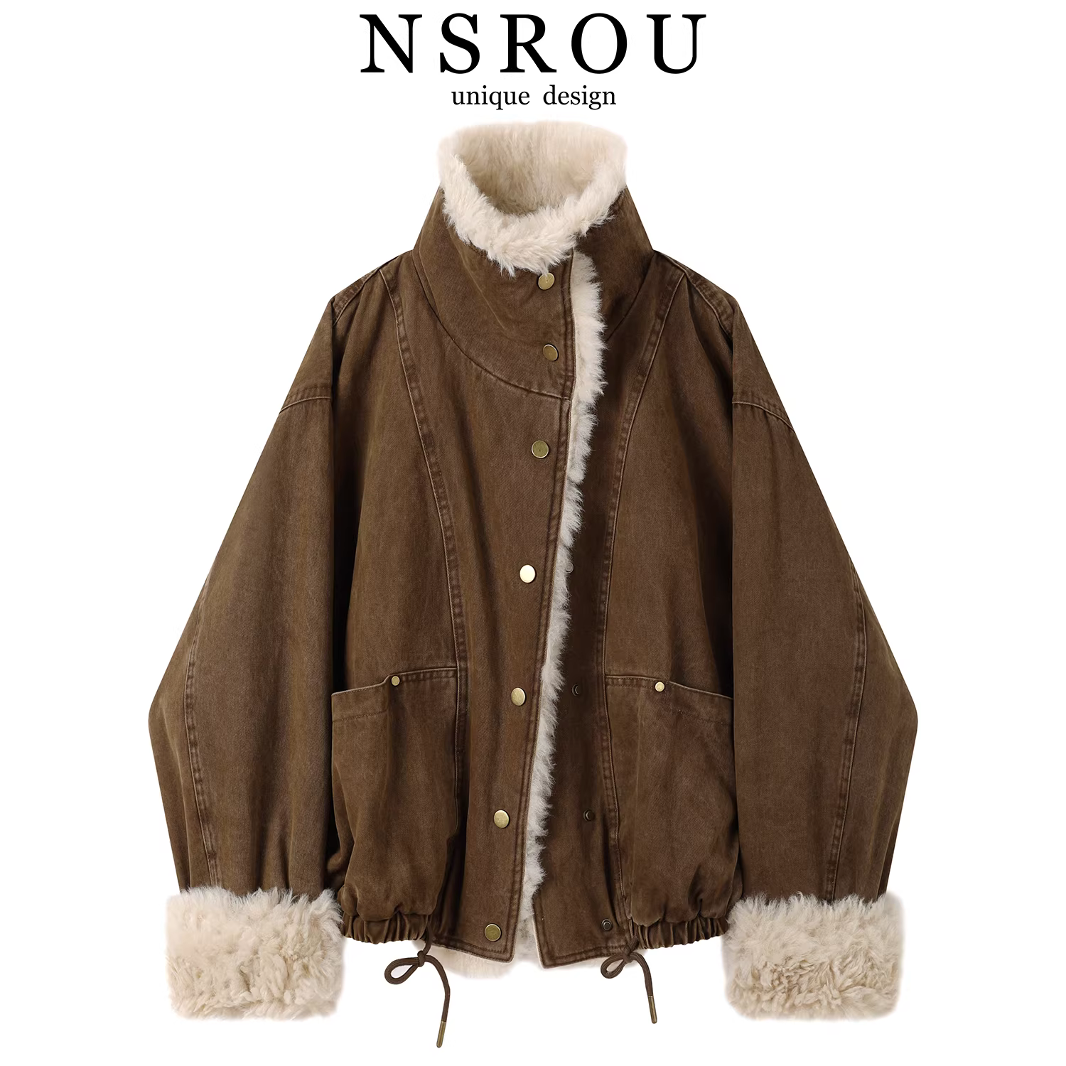 Áo khoác len cotton Melard cổ điển dành cho nữ, áo khoác phi công ngắn có cổ đứng dày dặn lót lông cừu mùa đông.