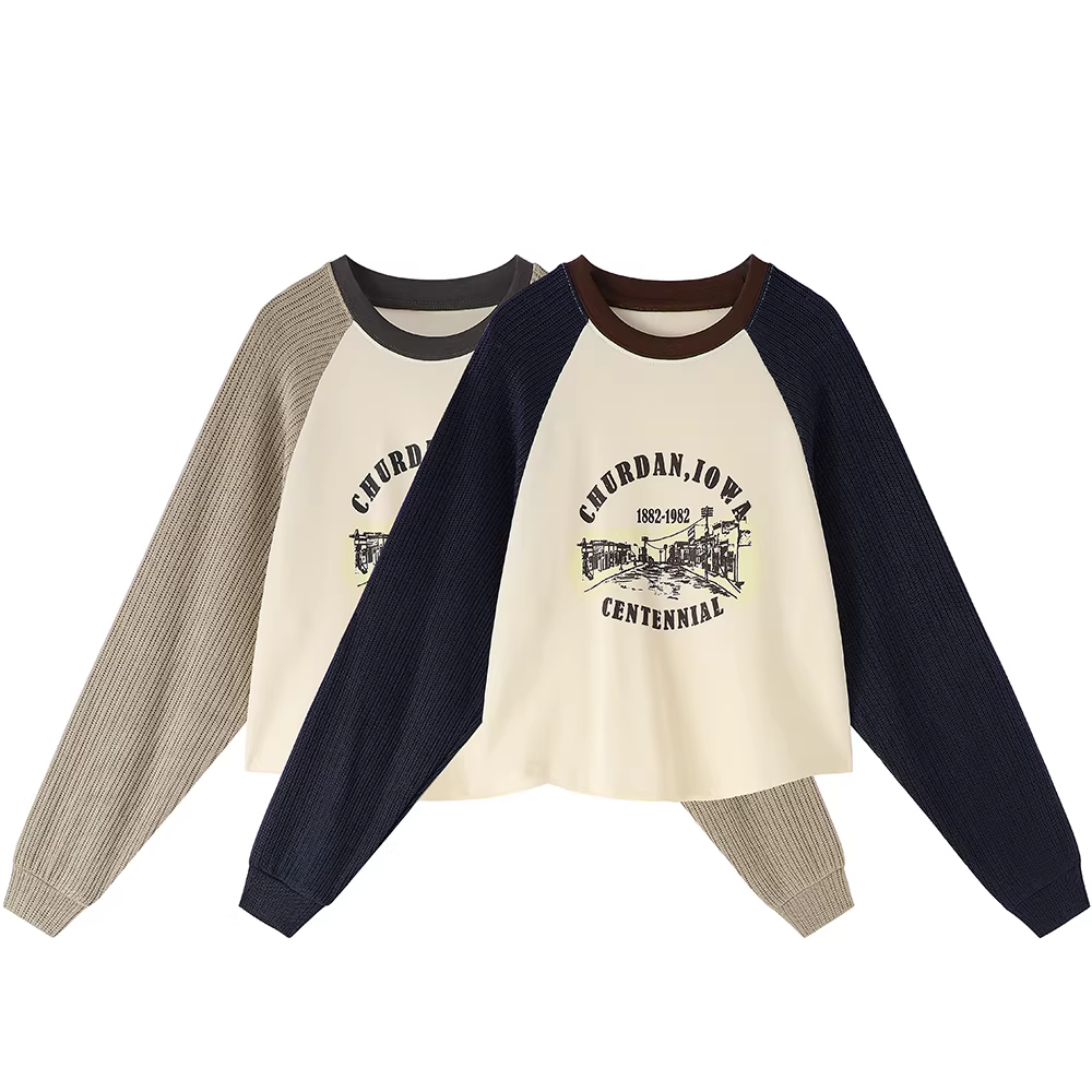 Áo khoác nỉ nữ kiểu Mỹ cổ điển, tay dài, phối nhiều mảnh, mùa xuân thu 2025, thiết kế độc đáo, đang thịnh hành