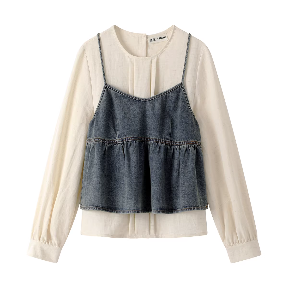 Áo sơ mi ngắn xếp tầng kiểu Pháp, thiết kế độc đáo mùa xuân thu dành cho nữ, bộ hai mảnh áo camisole