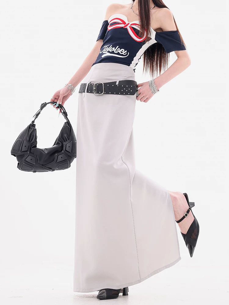 ABWEAR Modern Night - Váy xếp nếp màu xám nguyên bản dành cho nữ, Váy dài dáng rộng mùa thu mới có thắt lưng