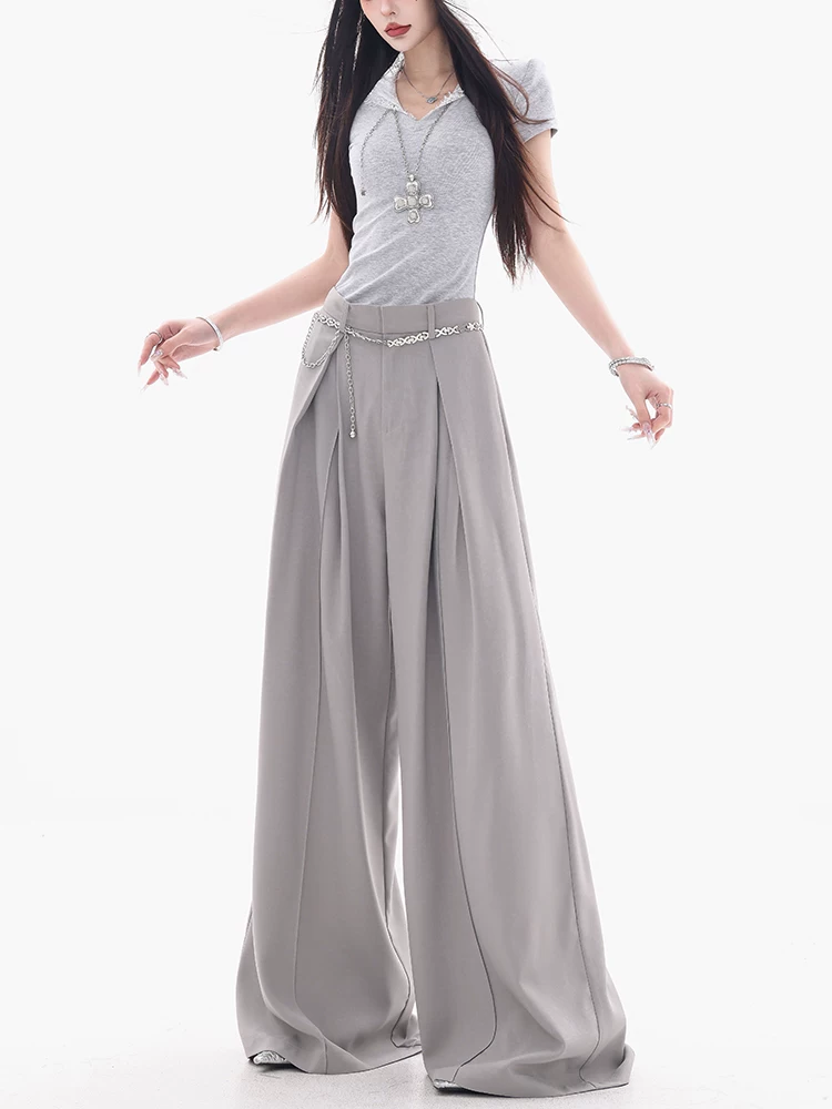 ABWEAR Foggy City Dawn - Bộ đồ ống rộng màu xám nguyên bản dành cho nữ 2025 Phong cách dáng rộng mỏng mùa hè mới