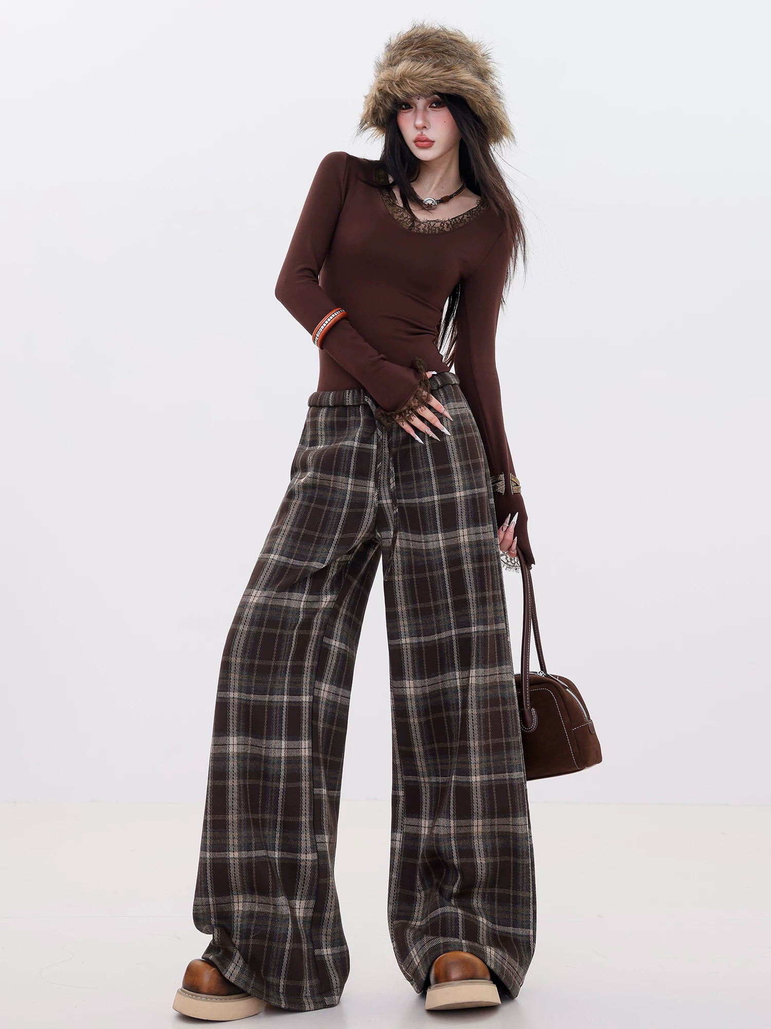 Phong cách mùa đông ABWLR Velvet - Quần ống rộng thông thường có lót lông cừu bằng len kẻ sọc nguyên bản dành cho nữ, Quần ống thẳng rộng mới dành cho mùa thu đông.