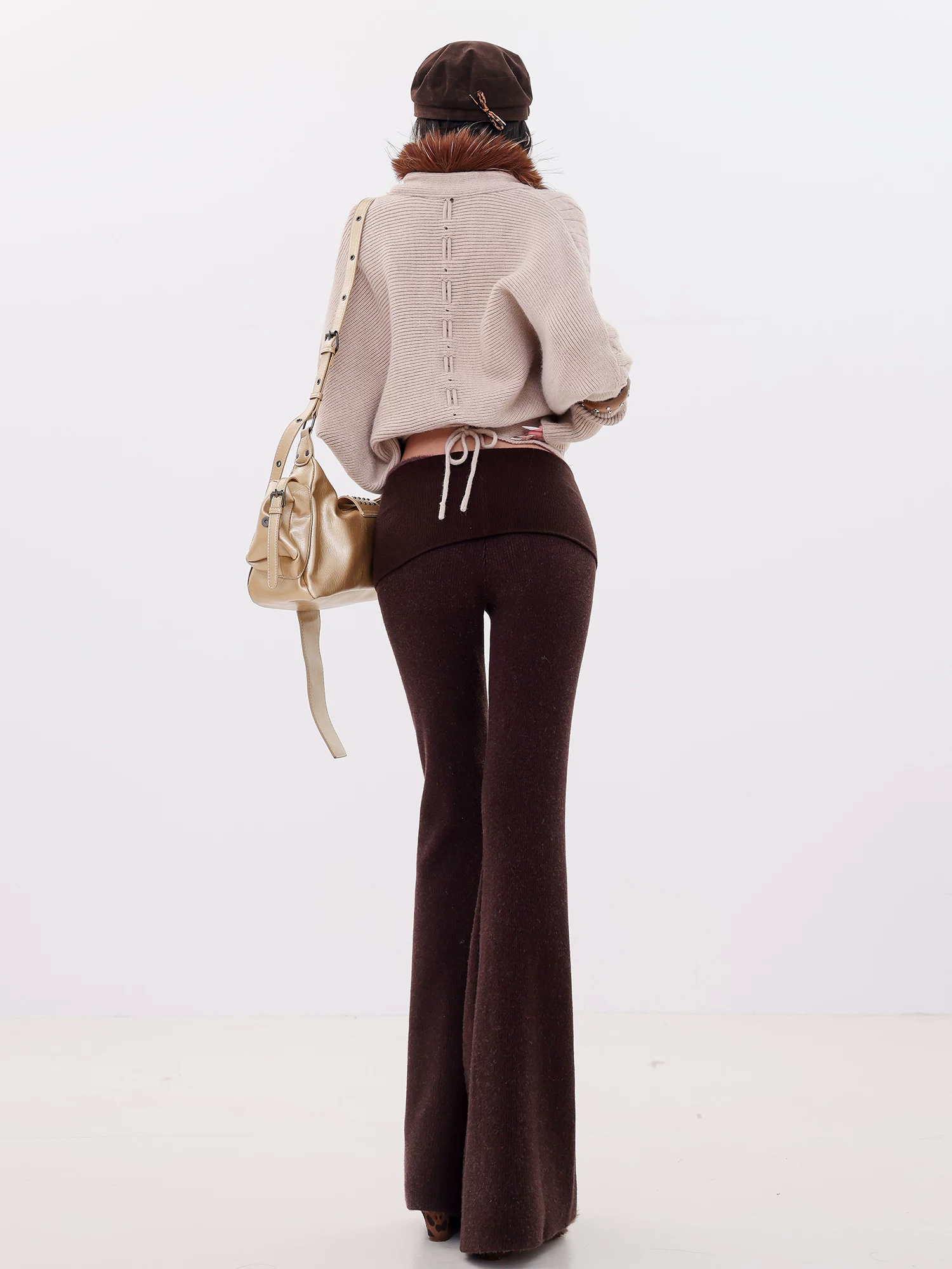 ABWLR Relaxed Fit - Quần ống loe dày lót lông cừu kiểu Melard nguyên bản dành cho nữ, quần ống loe cạp cao ôm dáng mùa thu đông