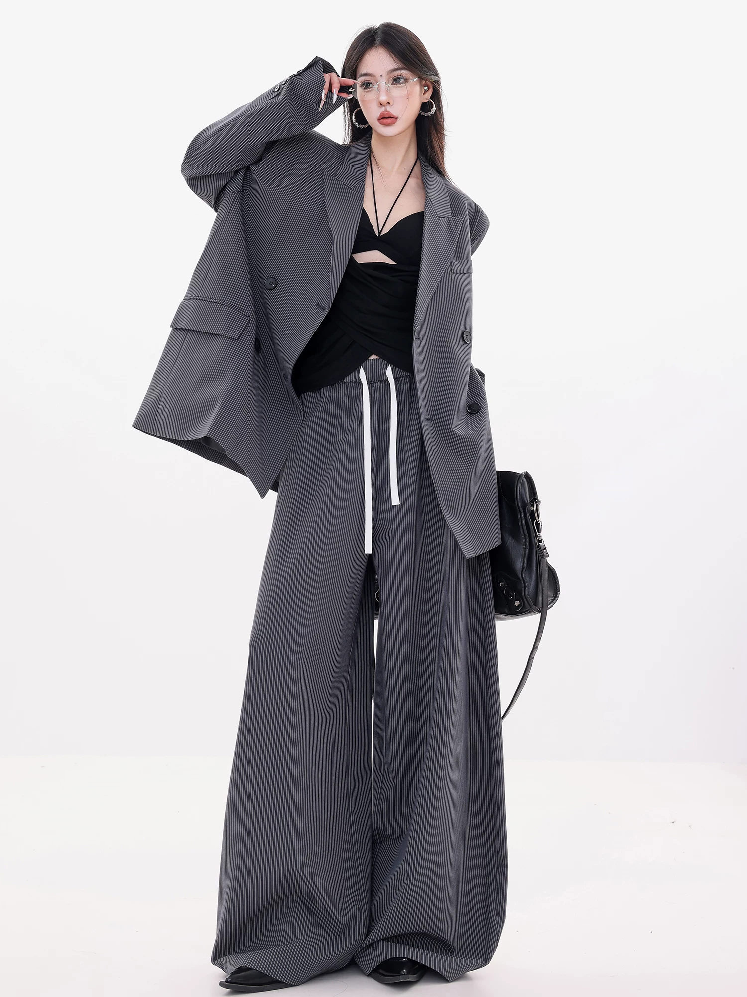 ABWLR Art Editor - Quần vest sọc cổ điển kiểu Mỹ nguyên bản dành cho nữ, Quần vest rộng rãi và đa năng Bộ hai mảnh