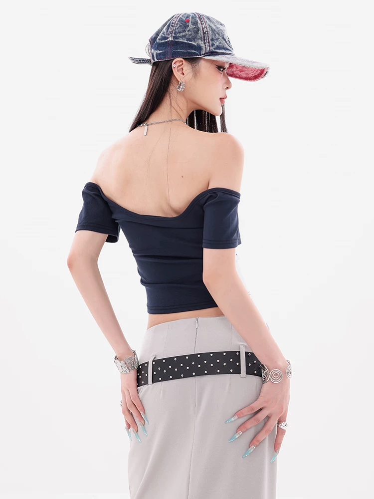 ABWEAR Sweet Contrast - Áo thun ngắn tay một vai có nơ nguyên bản dành cho nữ, dáng ôm, áo trễ vai