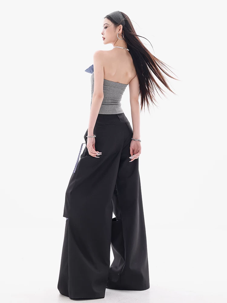 Quần nữ ABWEAR kiểu Hàn Quốc, thiết kế phối vải giả hai lớp, dáng rộng, chất liệu vải mài mòn, kiểu dáng bình thường, màu trà đá muối biển