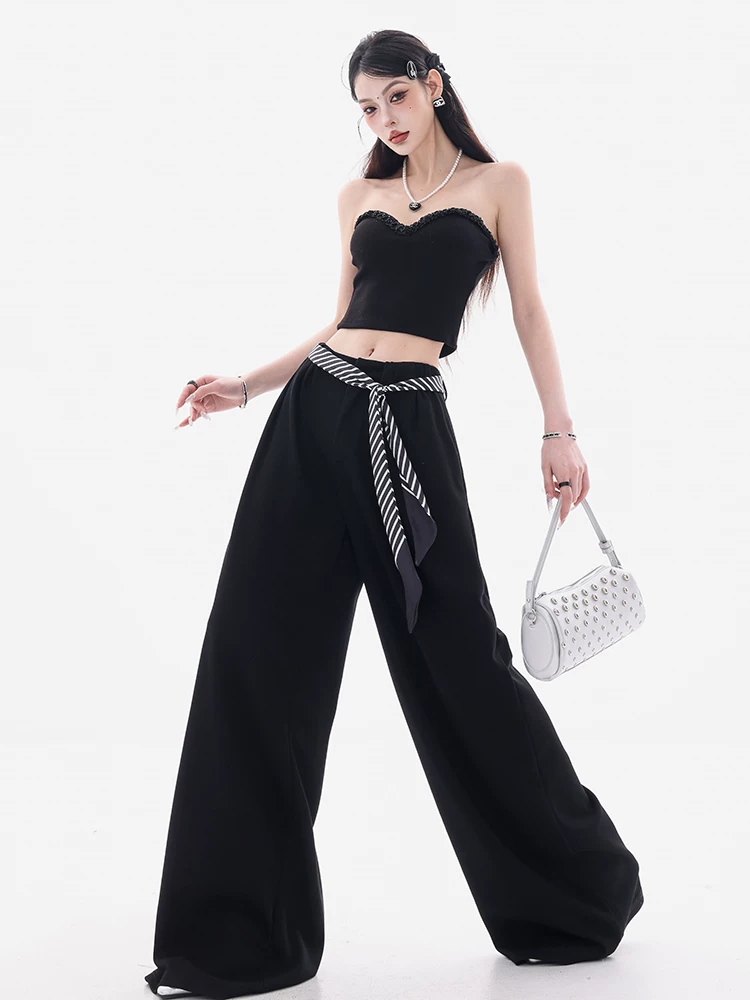 ABWEAR Set Art - Quần đen dáng rộng, phong cách thường ngày dành cho nữ, mẫu mới 2025, quần ống rộng thẳng, chất liệu như gạo nếp