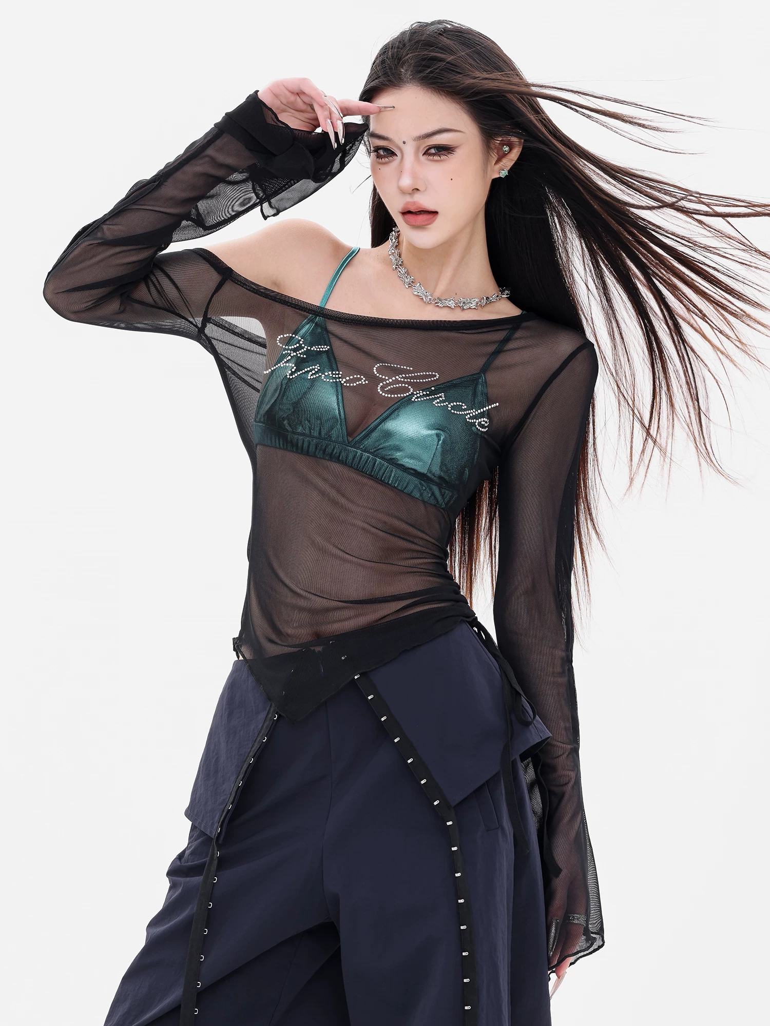 ABWEAR Flashback Millennium - Áo thun dài tay lưới xuyên thấu kiểu dáng hot girl nguyên bản Áo thun dài tay ôm vừa vặn dành cho nữ