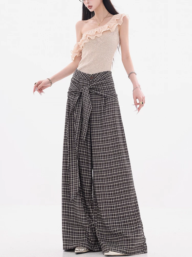 ABWEAR Đảo ngược phong cách Anh quốc - Thiết kế cà vạt kẻ sọc không đều kiểu Hàn Quốc nguyên bản Quần âu nữ Quần ống rộng