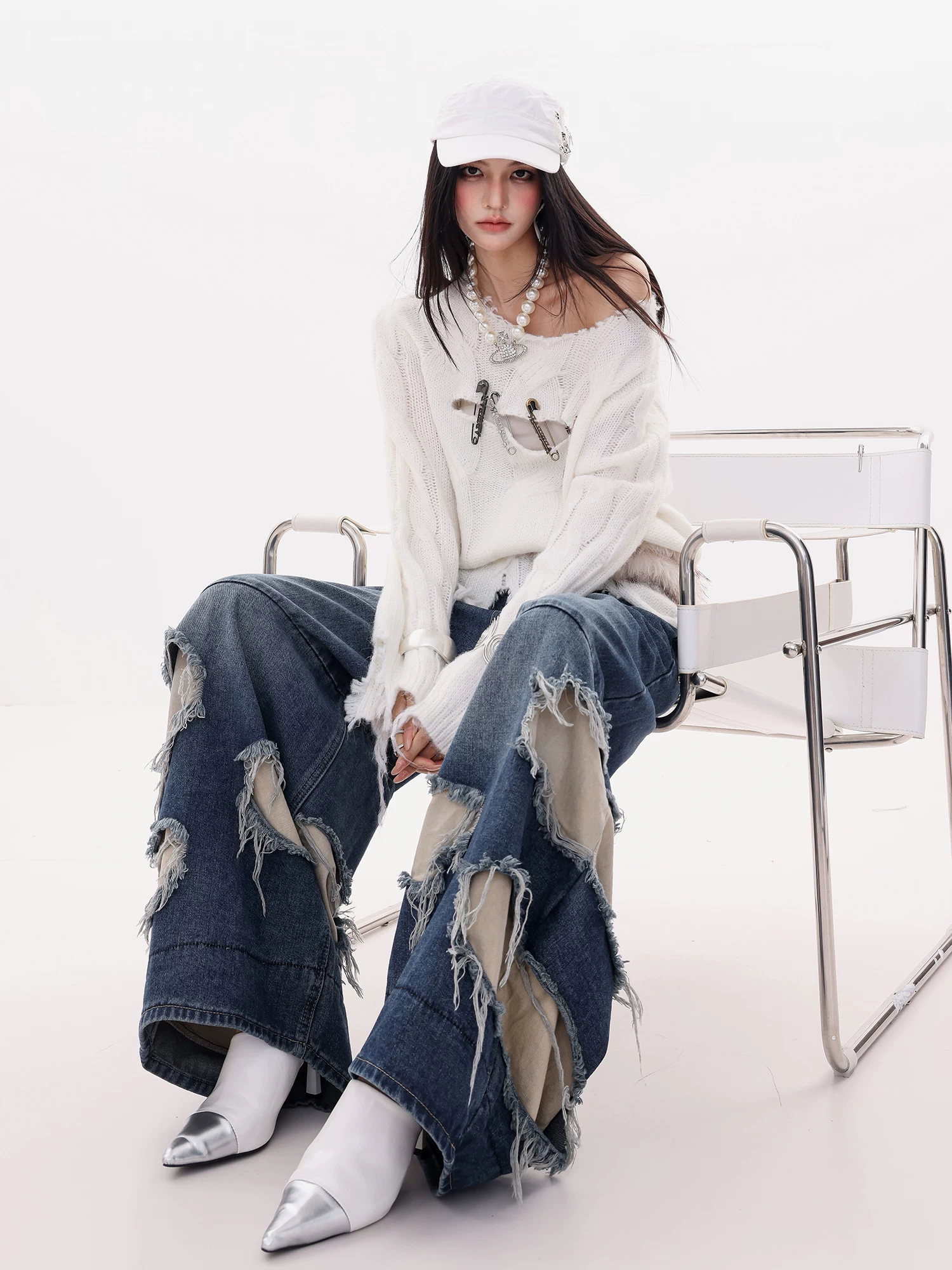 ABWLR Equatorial Coast-Original Blue Ripped Patchwork Jeans dành cho nữ mùa thu đông Quần ống rộng dáng rộng mới