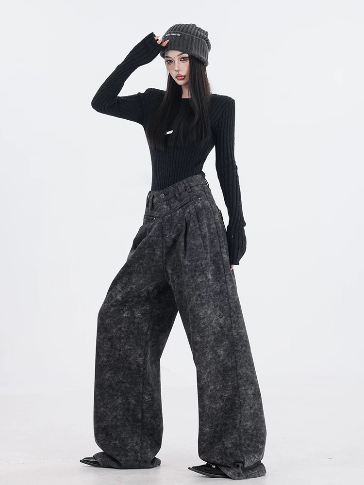 ABWEAR Virtual Island - Quần ống rộng màu đen nguyên bản thu đông mới Quần jean nữ dáng rộng thẳng dài đến sàn