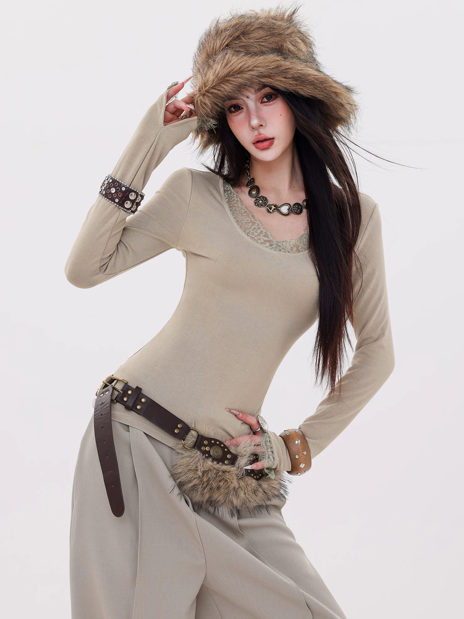 ABWLR Lightly Interwoven - Áo thun dài tay cổ tròn phối ren phong cách retro nguyên bản dành cho nữ, áo sơ mi ôm sát dáng ôm