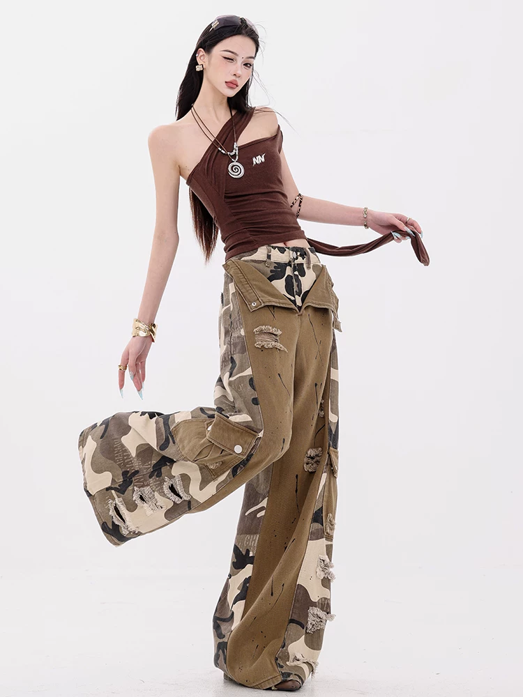 ABWEAR Fifth Street - Quần jean cargo phối họa tiết ngụy trang nguyên bản dành cho nữ, quần ống rộng dài ngang sàn giả hai mảnh