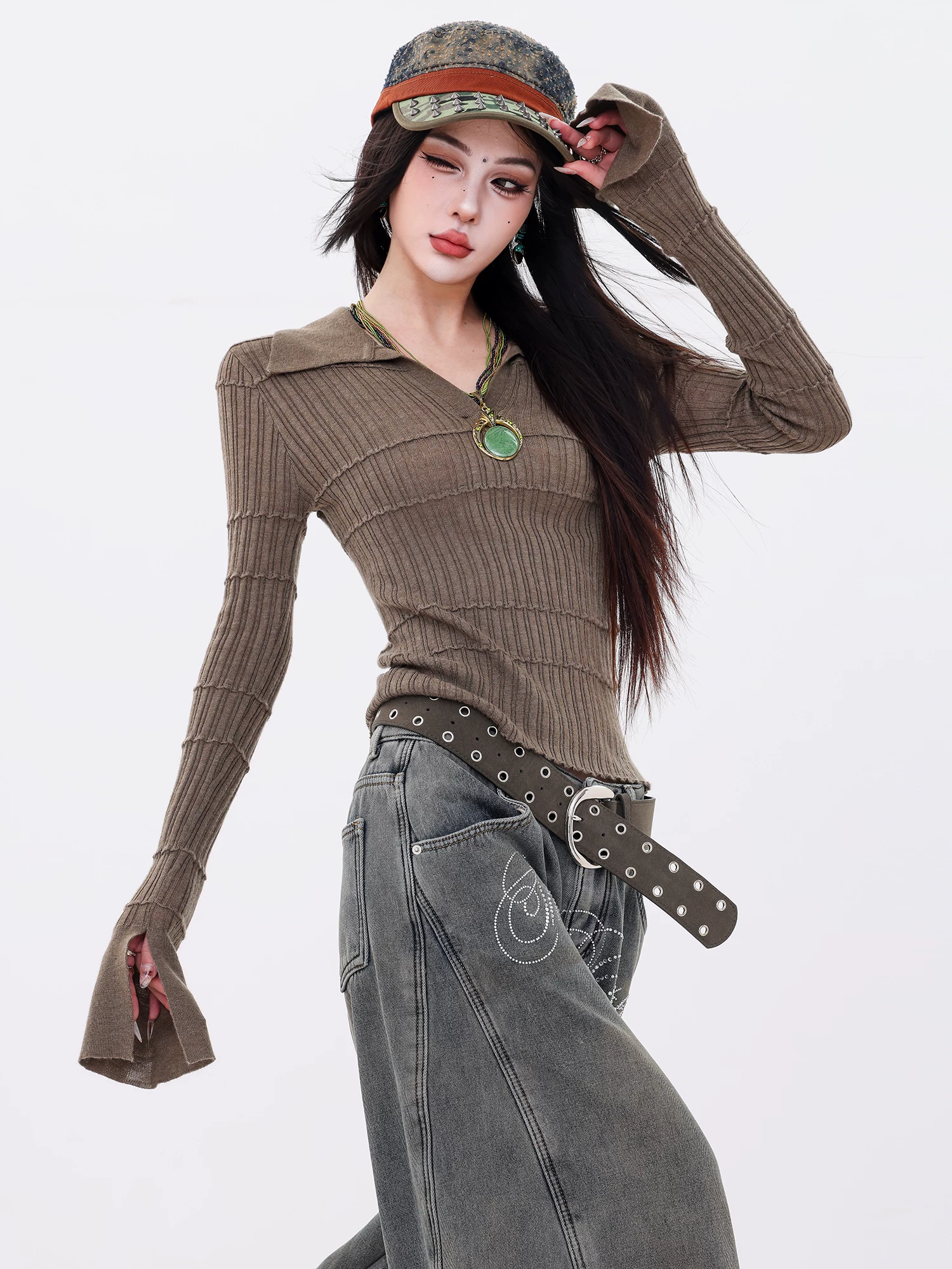 Nghệ thuật đan ABWLR - Áo dệt kim cổ POLO kiểu Mỹ nguyên bản dành cho nữ, áo sơ mi dài tay thiết kế ôm sát cơ thể