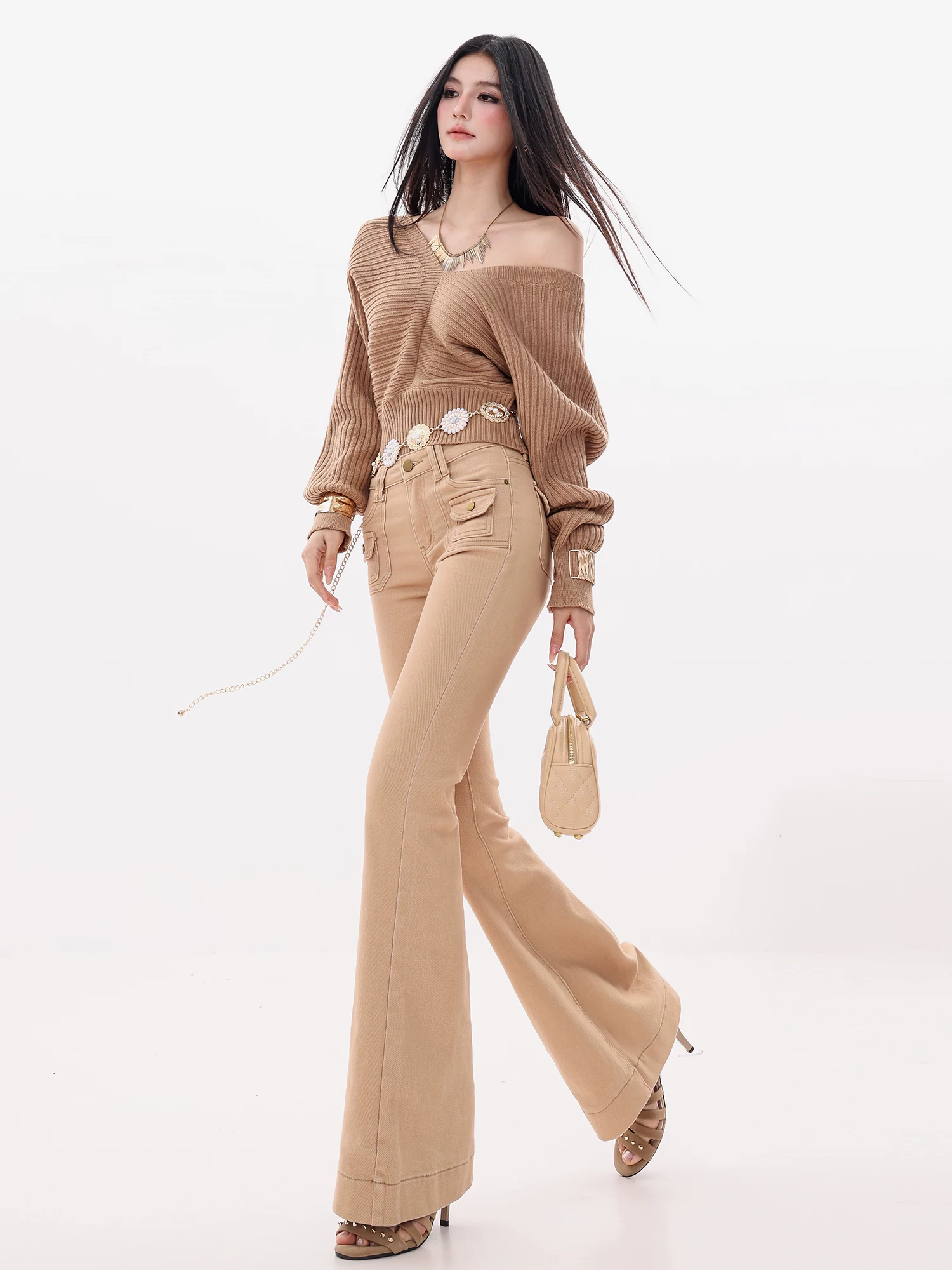 Quần jeans xòe màu kaki nguyên bản ABWLR Elegant Statement dành cho nữ, cạp cao, tôn dáng, ôm sát, kiểu dáng chuông, kiểu dáng móng ngựa