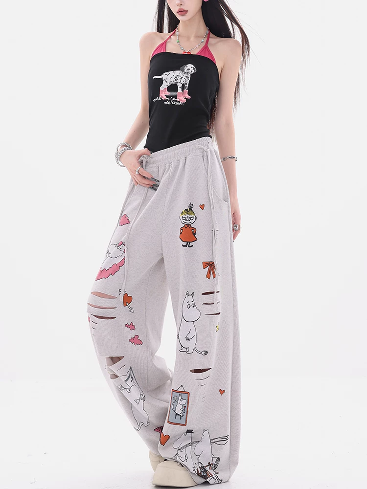 Công viên giải trí ABWEAR - Quần ống rộng in hình hoạt hình nguyên bản, quần ống rộng dáng rộng dành cho nữ