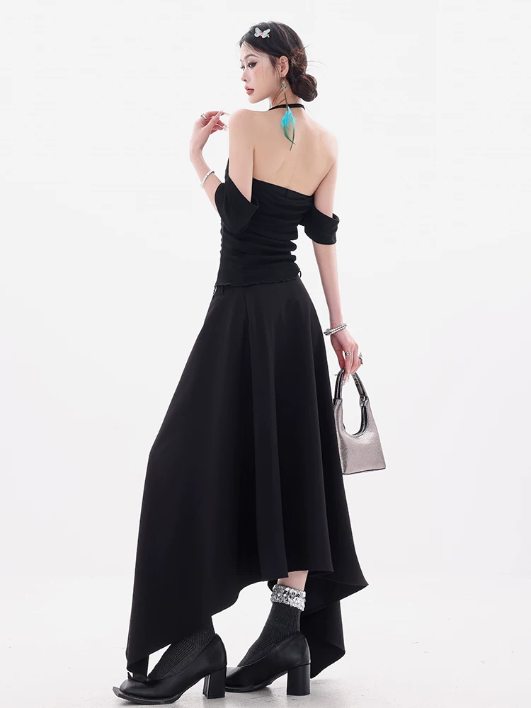 ABWEAR Wandering Painter - Váy đen độc đáo kiểu dáng bất quy tắc dành cho nữ Váy xẻ tà dáng chữ A dáng rộng