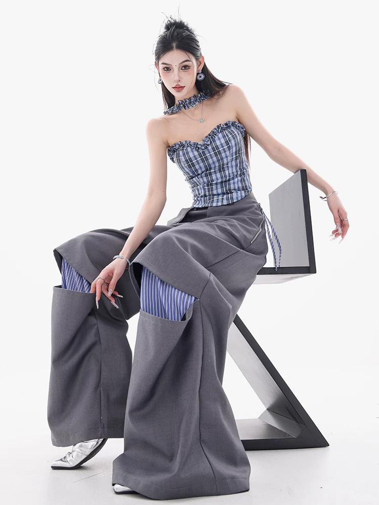 ABWEAR Trà đá muối biển - Quần tây ống rộng giả hai mảnh màu xám thiết kế chắp vá dành cho nữ, dáng rộng ống thẳng
