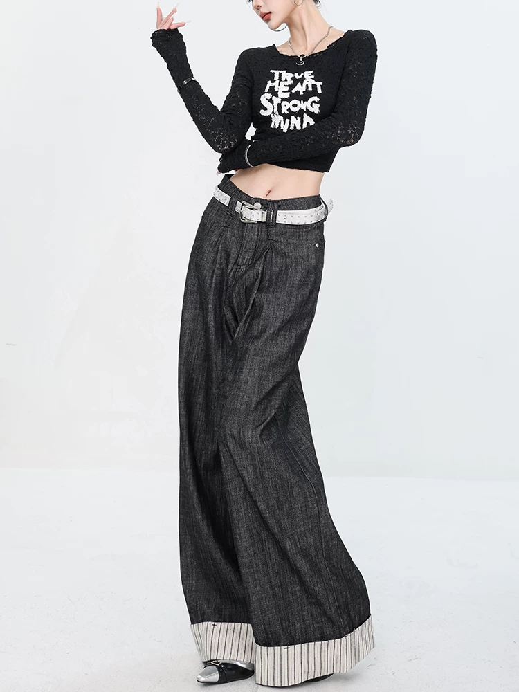 Quần Jeans Sọc Vá Chắp Màu Đen Nguyên Bản ABWEAR - Phân Biệt Giữa Thực Tế Và Ảo Tưởng - Mẫu Mới 2024, Quần Dài Rộng, Dáng Suông Cho Nữ