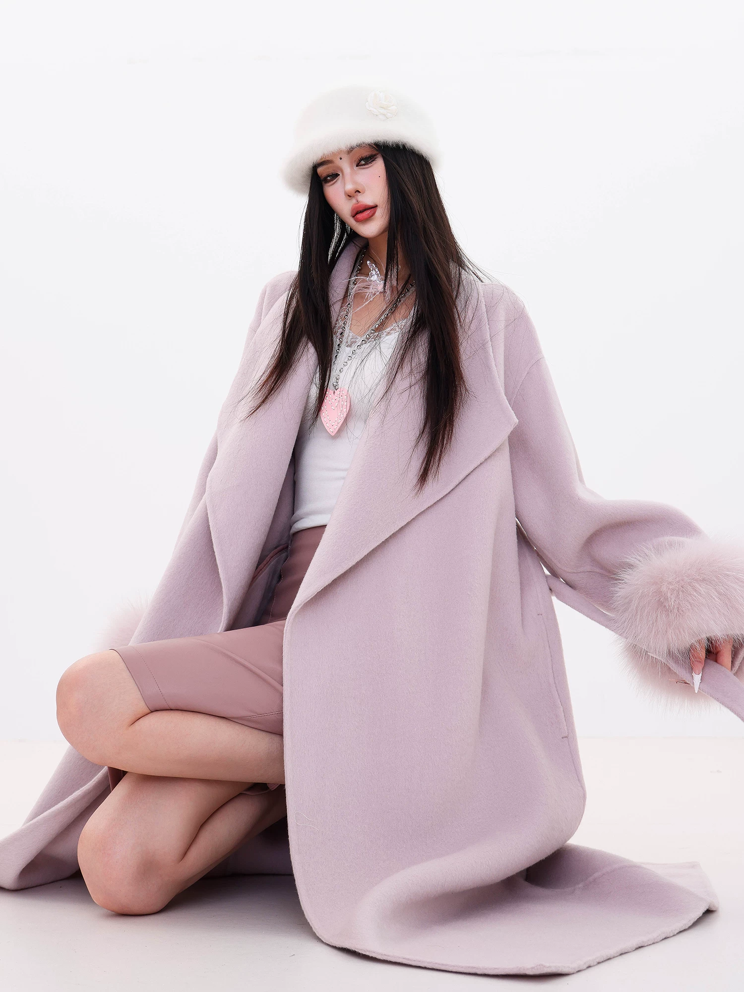 Áo khoác len cashmere lông cáo thật hai lớp ABWLR Winter Love Song - kiểu dáng dài, có ve áo, thắt lưng eo cho nữ