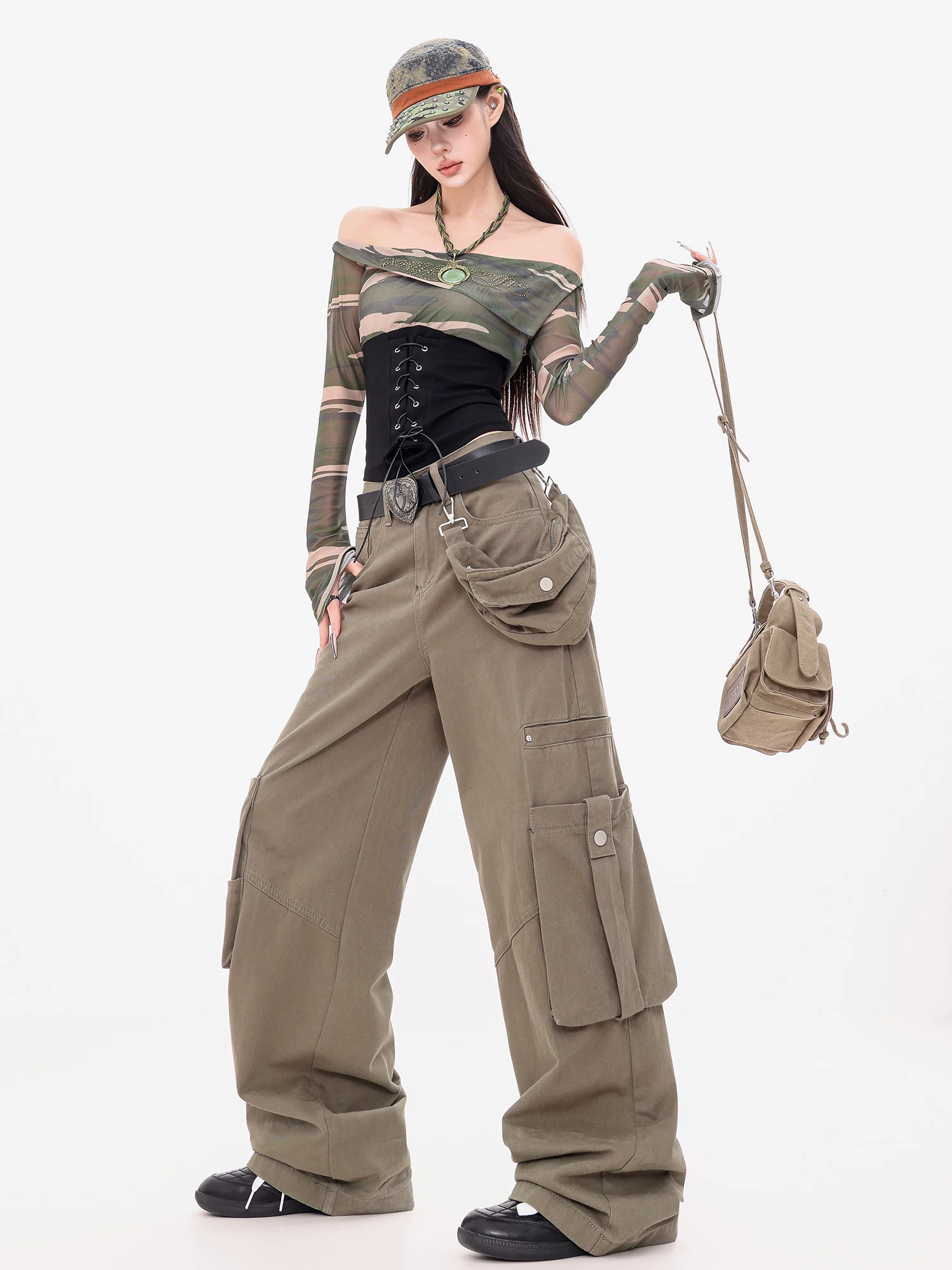 ABWEAR Jazz Pioneer - Quần dài nhiều túi phong cách retro Mỹ nguyên bản dành cho nữ Quần jean ống rộng dáng rộng mùa thu
