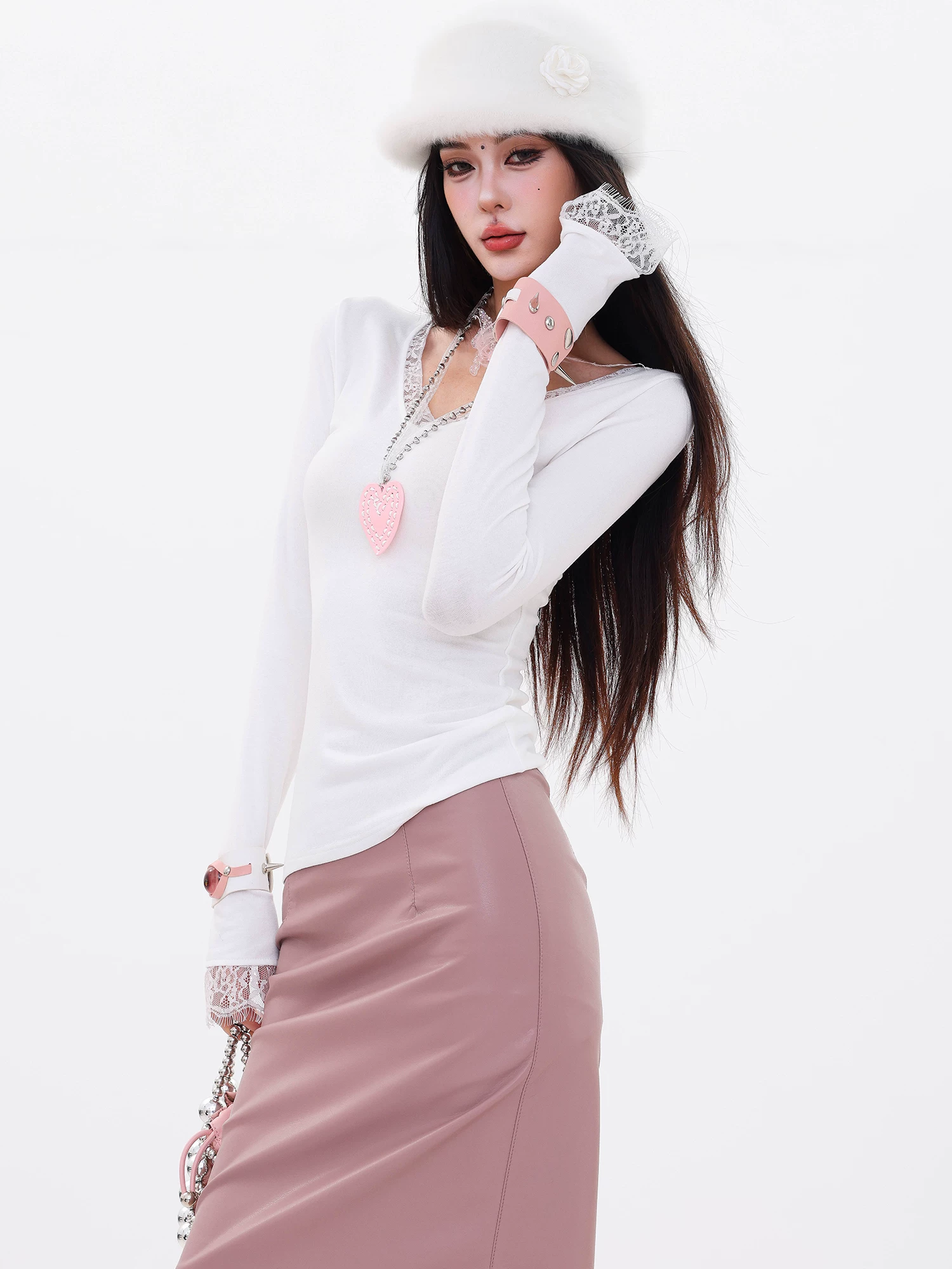 ABWLR Lightly Interwoven - Áo thun dài tay phối ren cổ điển nguyên bản dành cho nữ, áo sơ mi ôm sát màu trắng