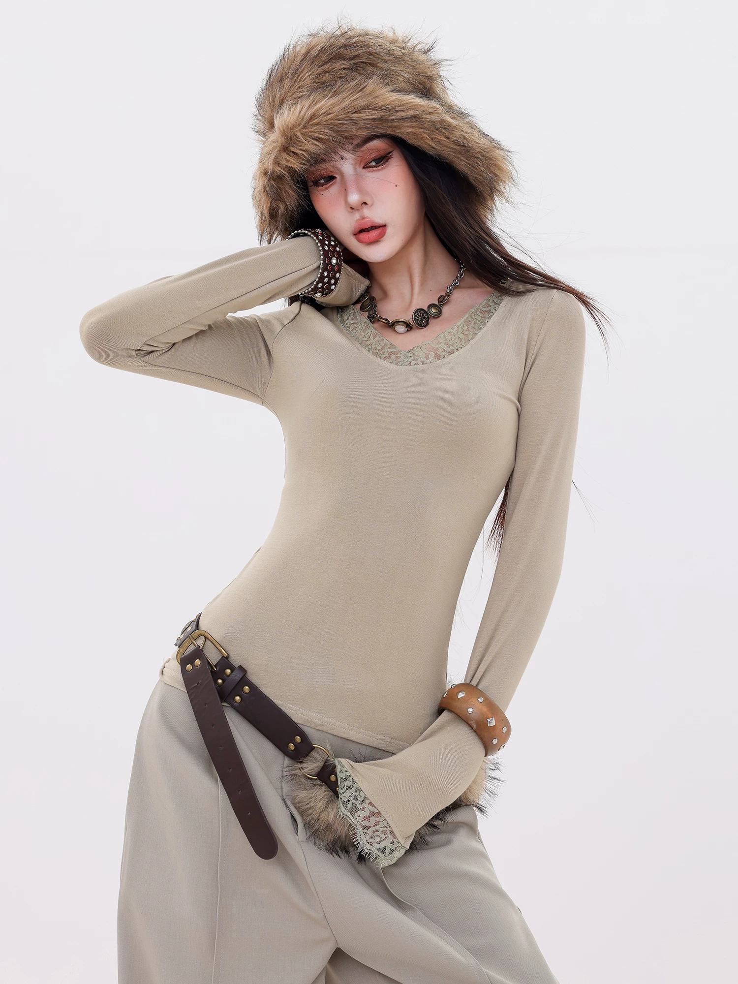ABWLR Lightly Interwoven - Áo thun dài tay cổ tròn phối ren phong cách retro nguyên bản dành cho nữ, áo sơ mi ôm sát dáng ôm
