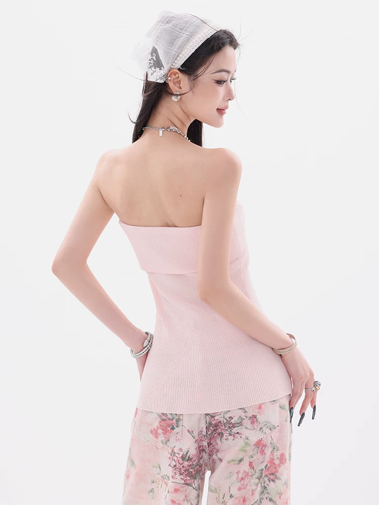 ABWEAR Chunyeo Senhui-Original Hot Girl Off-Shoulder Tube Top Áo vest dệt kim có nút mới mùa hè dành cho nữ