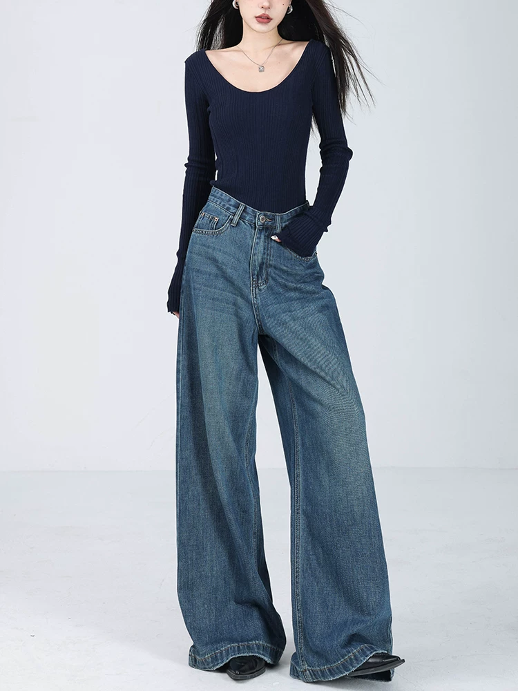 Quần jeans nữ ABWEAR 2025 kiểu Mỹ, chất liệu nỉ lót lông, màu xanh, dáng rộng, ống rộng, dài chấm đất, mùa thu đông mới
