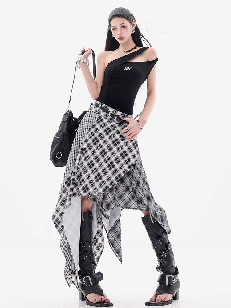 ABWEAR Wind-blown Half-Summer - Váy ba mảnh kẻ sọc đen trắng nguyên bản dành cho nữ với thiết kế bất đối xứng và váy dài cạp cao