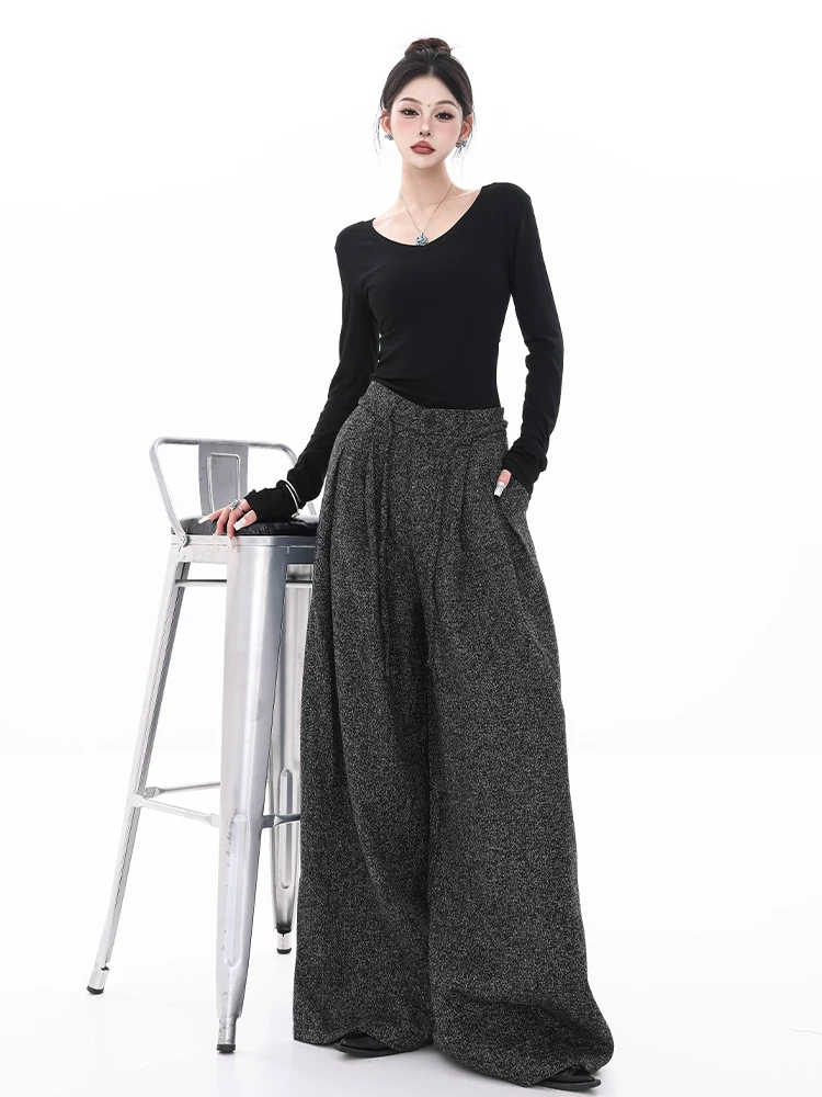 ABWEAR Memory Fragments - Quần ống rộng bằng len dày nguyên bản dành cho nữ 2025 Quần thể thao dáng rộng thường ngày mới mùa thu đông
