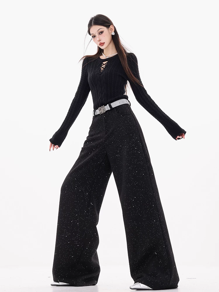 ABWEAR Saint Luo Moonlight-Quần len sequin màu đen nguyên bản dành cho nữ mùa thu đông 2024 Quần ống rộng thẳng