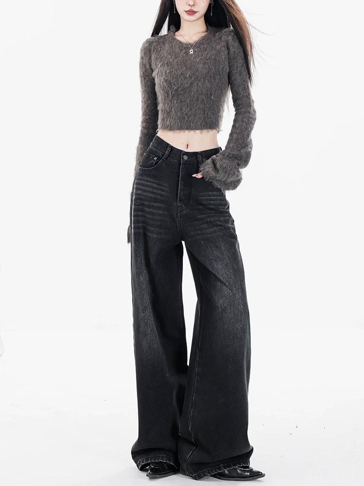Quần jean màu xám cổ điển của Mỹ ABWEAR dành cho nữ 2023 quần ống rộng dáng rộng lưng cao mới
