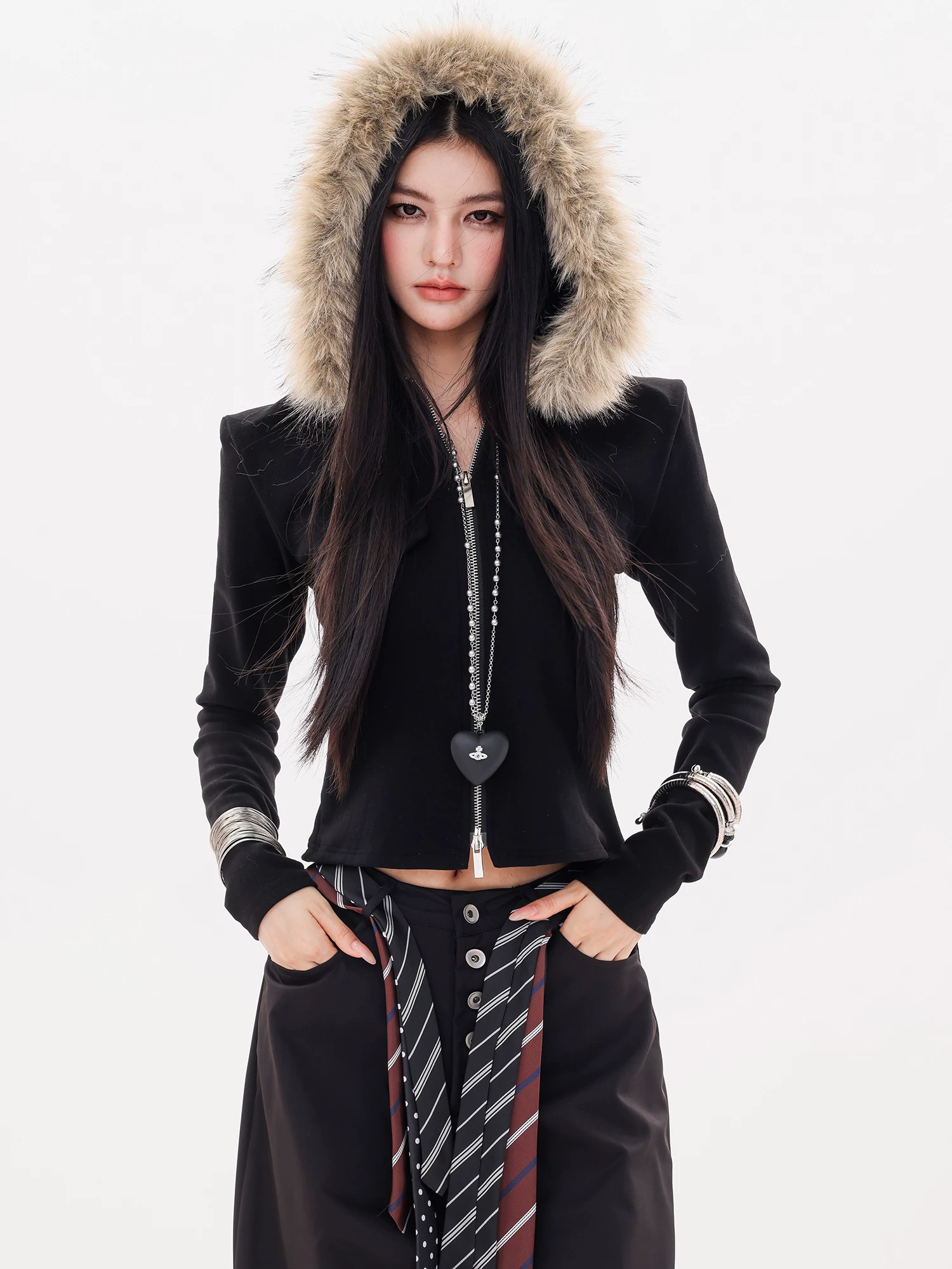 ABWLR Snowy Realm - Áo len dệt kim có mũ trùm đầu có cổ lông nguyên bản dành cho nữ, áo kiểu dáng ôm vừa vặn mới dành cho mùa thu đông.