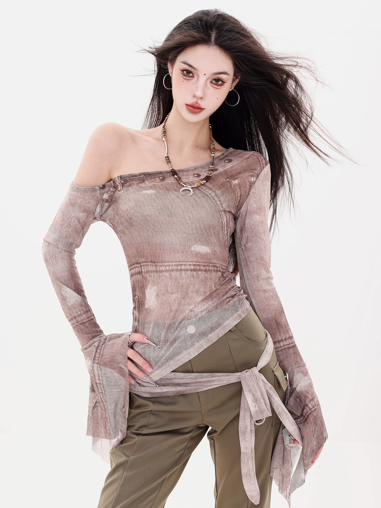 ABWLR Urban Illustrated - Thiết kế theo phong cách Hot Girl nguyên bản Áo thun dài tay lệch vai kiểu dáng ôm sát lưới dành cho nữ