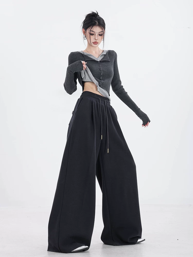 ABWEAR Comfort Guide - Quần ống rộng dày lót lông cừu màu xám nguyên bản dành cho nữ 2023 Phong cách mới dáng rộng ống thẳng