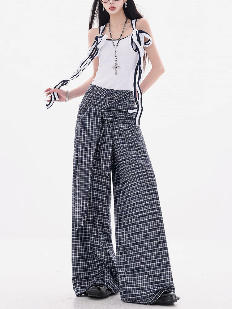 ABWEAR Ngược chiều của phong cách Anh - Quần thường ngày kẻ sọc xanh nguyên bản dành cho nữ với thiết kế dây buộc, dáng rộng, quần ống rộng dài đến sàn