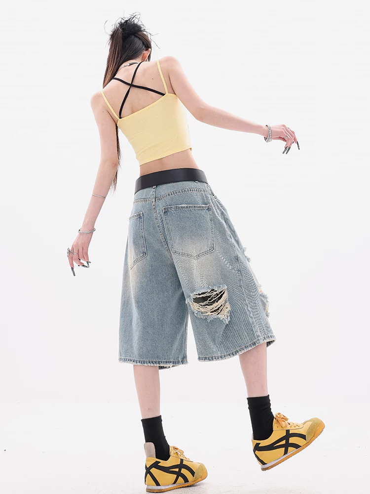 ABWEAR Street Summer - Quần short denim thiết kế theo phong cách đường phố Mỹ nguyên bản dành cho nữ, quần short năm điểm dáng rộng vừa vặn