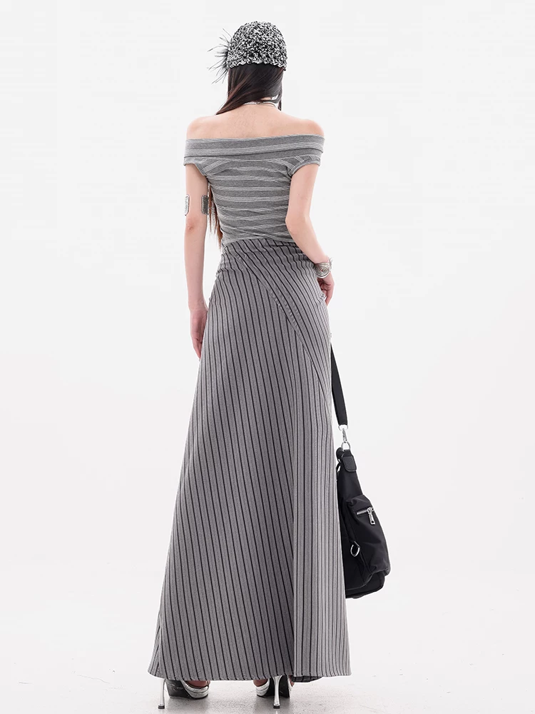 ABWEAR Váy chắp vá sọc phong cách Anh quốc dành cho nữ, váy dài buộc dây dáng rộng mới cho mùa thu