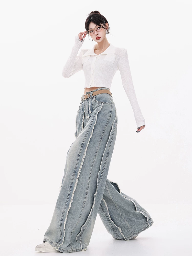ABWEAR Vine Autumn - Quần jean ống rộng thiết kế rách đầu xuân nguyên bản dành cho nữ, quần dài ống thẳng dáng rộng