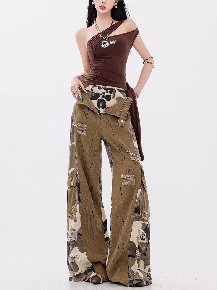 ABWEAR Fifth Street - Quần jean cargo phối họa tiết ngụy trang nguyên bản dành cho nữ, quần ống rộng dài ngang sàn giả hai mảnh