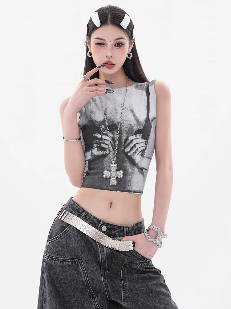 ABWEAR Rebel Aesthetics - Áo vest ngắn phong cách đường phố hạng nặng nguyên bản dành cho nữ, kiểu dáng ôm sát, áo khoác ngoài không tay