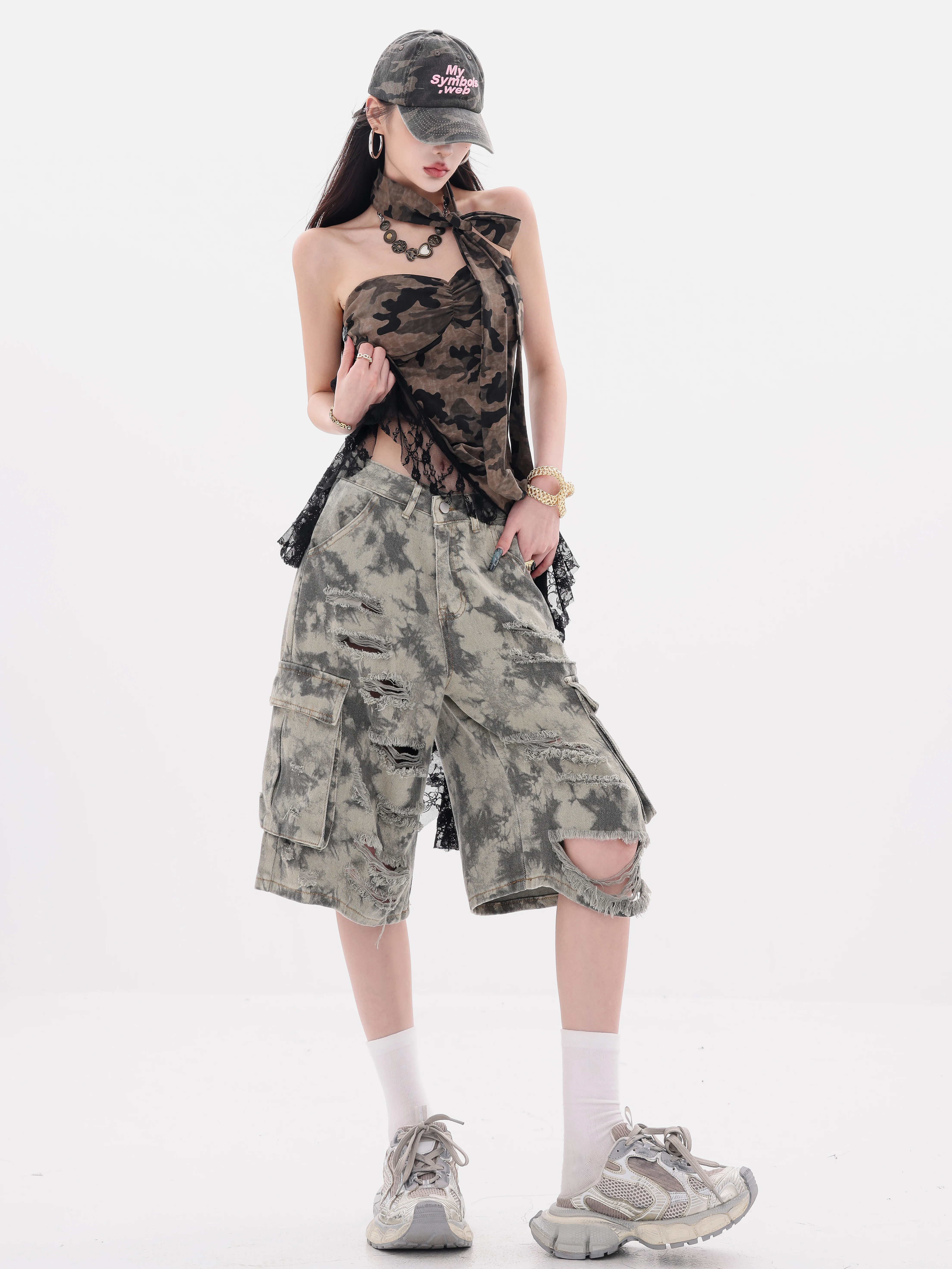 ABWEAR Wild Return - Quần short denim ống rộng họa tiết ngụy trang nguyên bản dành cho nữ, quần short năm điểm dáng rộng vừa vặn