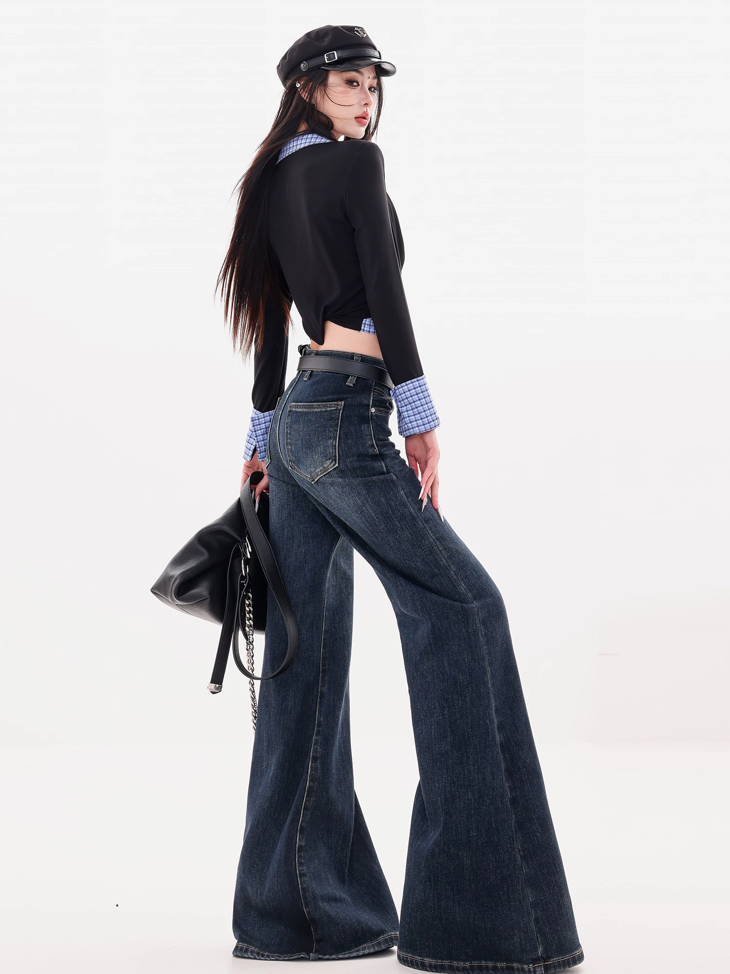 ABWLR Denim Wave - Quần jean ống loe hơi co giãn có lót lông cừu màu xanh nguyên bản dành cho nữ, kiểu dáng ôm vừa vặn, quần ống loe